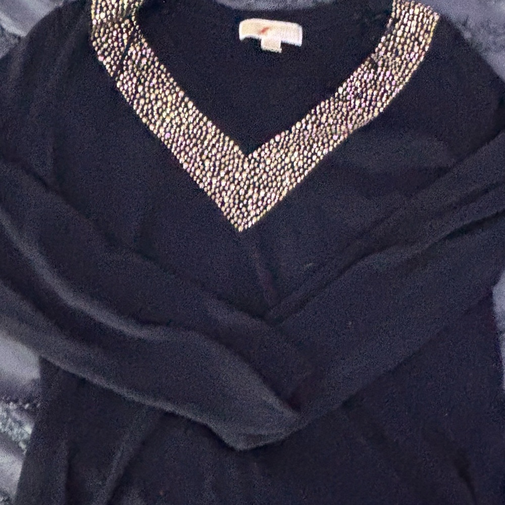 MICHAEL Michael Kors Black V-Neck Sweater with Gold Accents